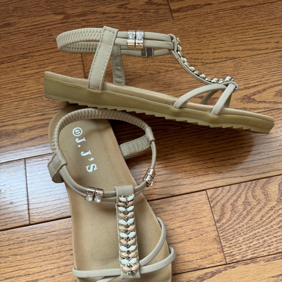 J.J's Brand Sandal with Beige Straps and Gold/Rhinestone Embellishments - Picture 5 of 5